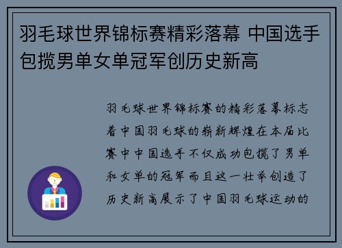 羽毛球世界锦标赛精彩落幕 中国选手包揽男单女单冠军创历史新高